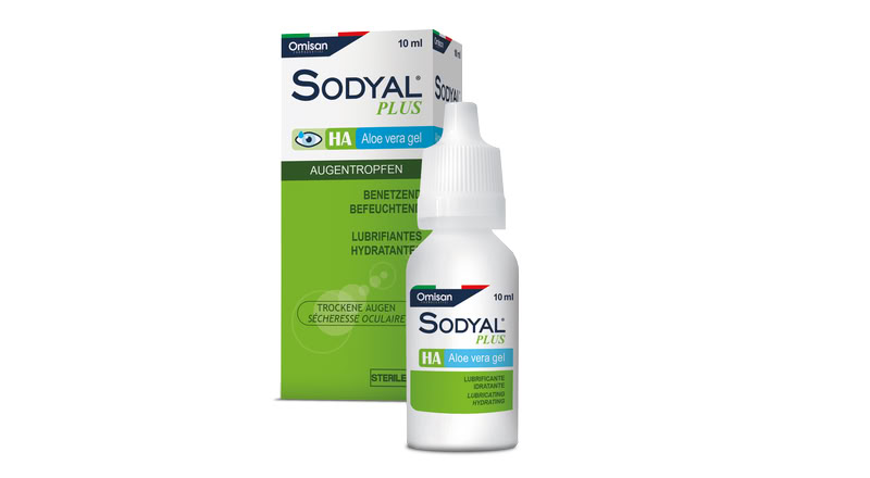 Verpackung SODYAL<sup>®</sup> PLUS: therapeutisches Augengel für trockene und gereizte Augen