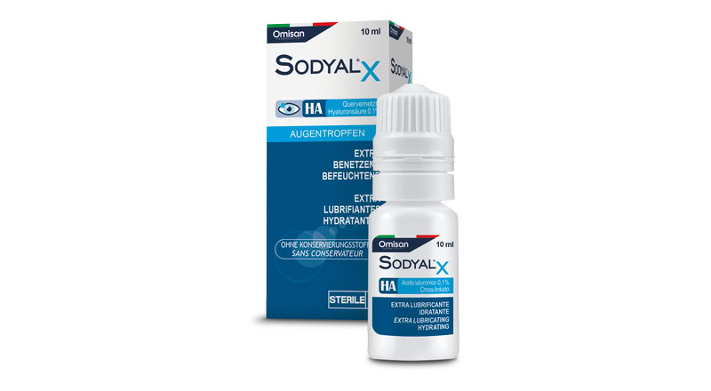 Verpackung SODYAL<sup>®</sup> X: therapeutische Augentropfen für trockene Augen