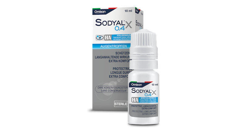 Verpackung SODYAL<sup>®</sup> X 0.4: therapeutische Augentropfen mit 0,4 % Hyaluron
