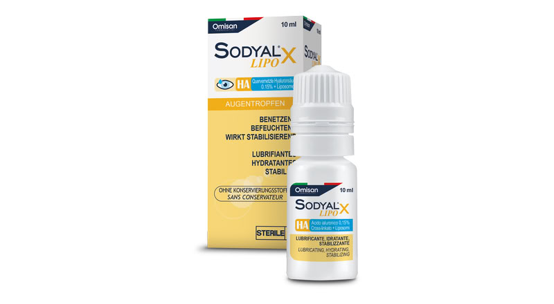 Verpackung SODYAL<sup>®</sup> XLIPO: therapeutische Augentropfen für trockene Augen